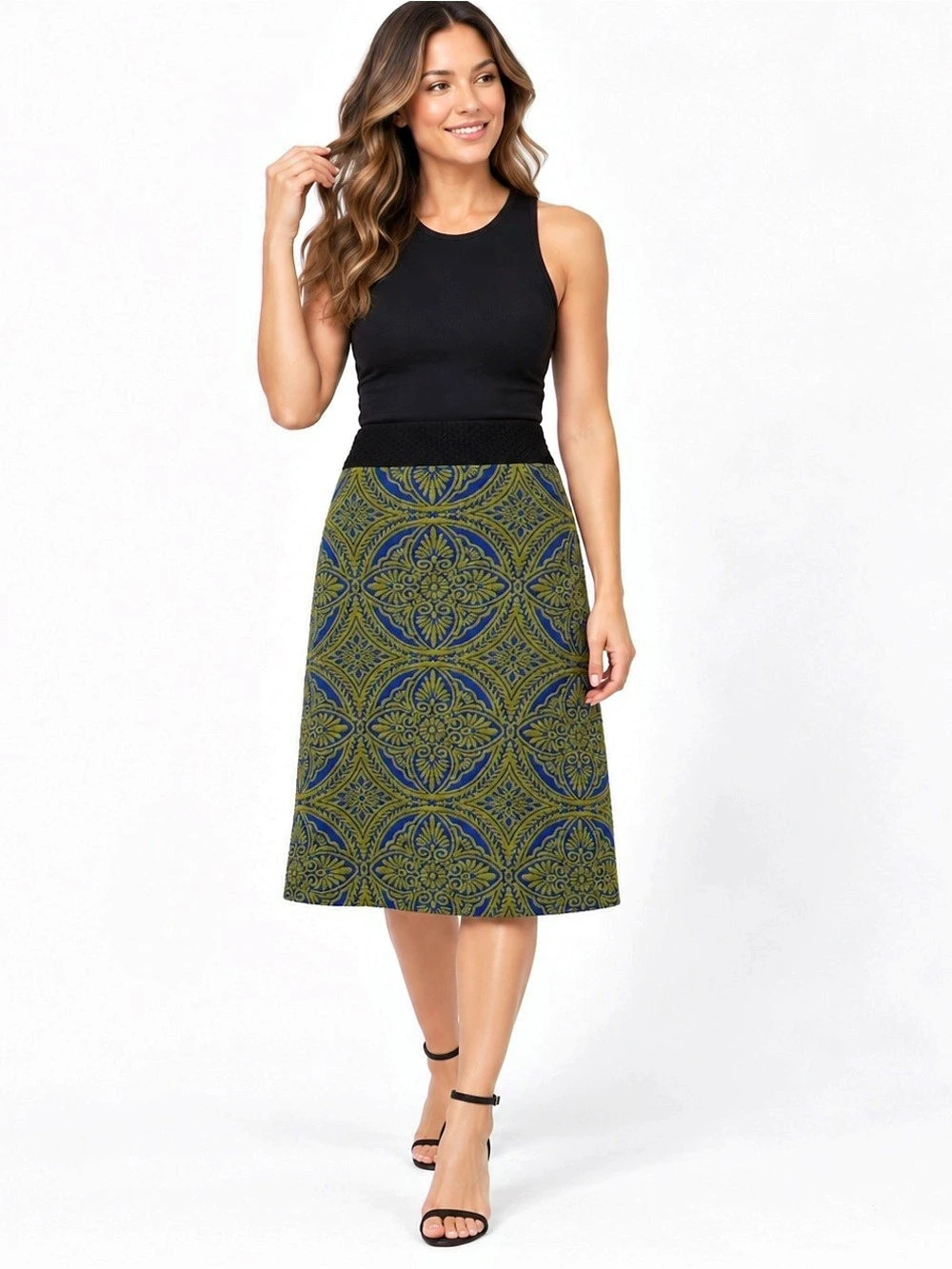 Maeve Jacquard Midi Skirt Green Blue Large A-Line Pockets